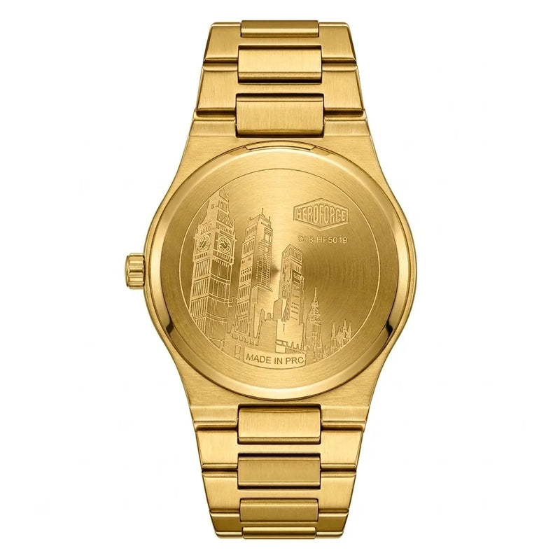 Back view - Gold tone stainless steel wristwatch with a green wave patterned dial and date display.