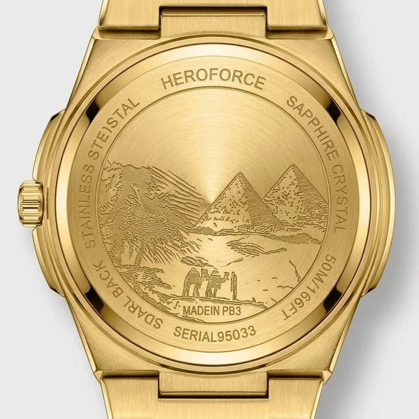 Back view of Gold-tone stainless steel watch with grey textured dial, date display, and integrated bracelet