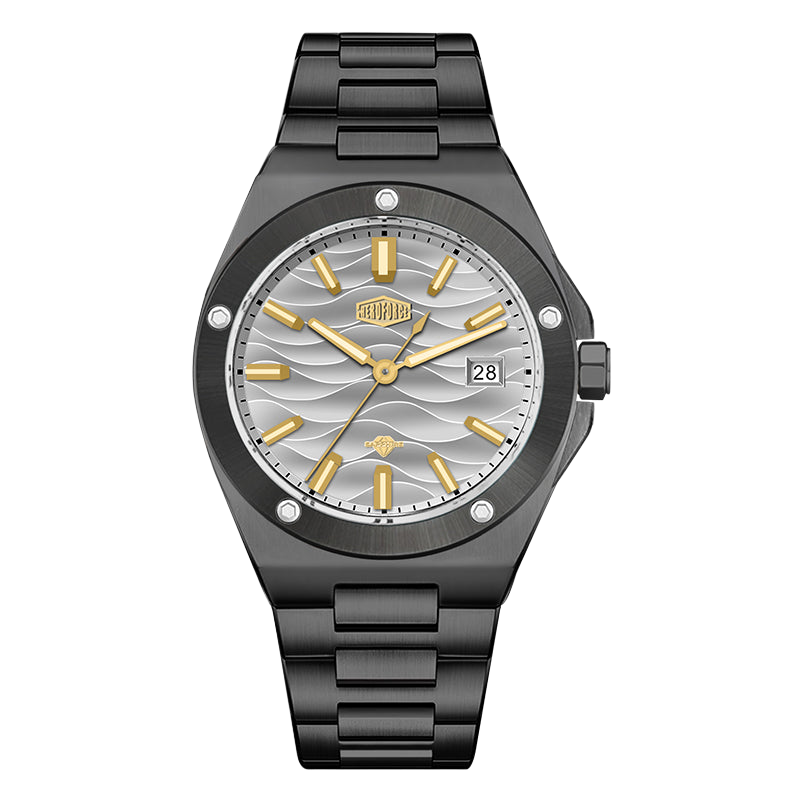 Black stainless steel wristwatch with a grey wave patterned dial, gold accents, and date display.