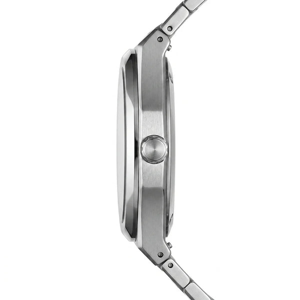 Close-up side profile of a stainless steel smartwatch with a brushed metal case and matching metal link band on a white background.