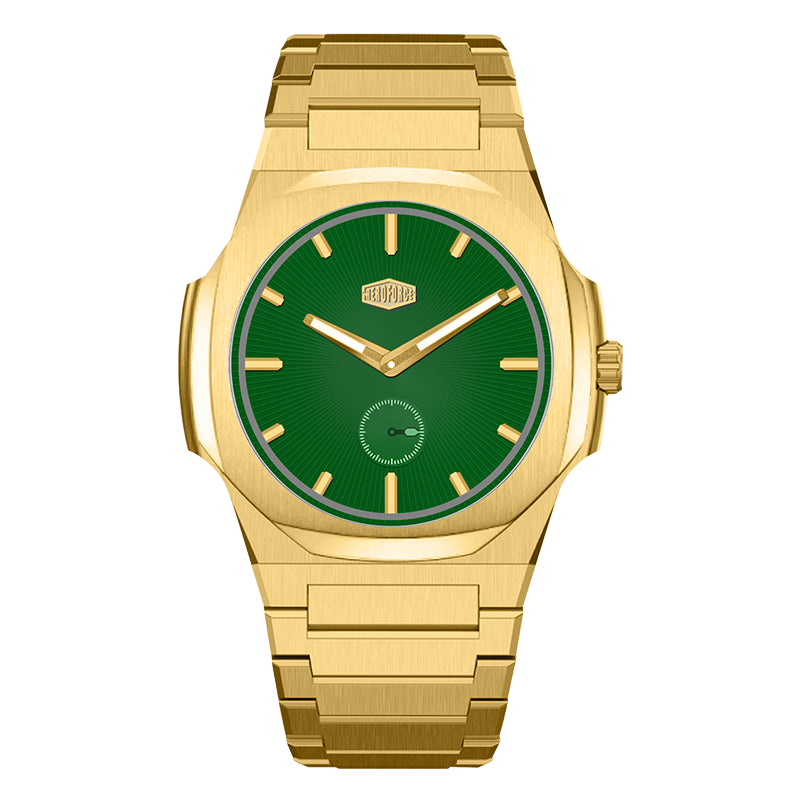 Full Gold Stainless Steel Watch with Green Sunburst Dial and Small Seconds