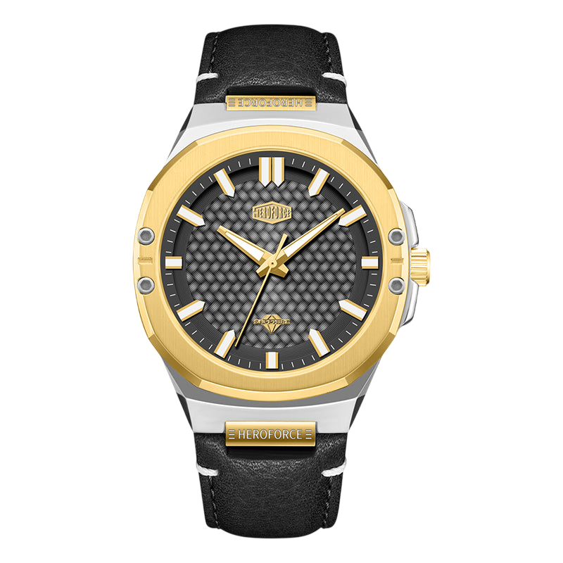 Gold and black watch with visible brand name on a white background
