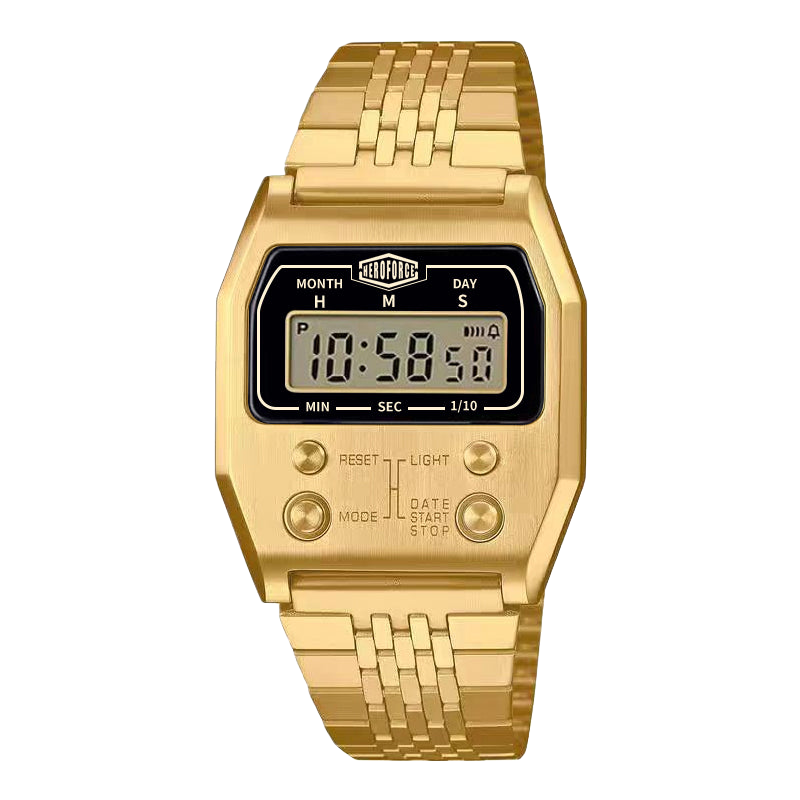 Gold digital wristwatch with rectangular face, gold band, and contrasting black center display.
