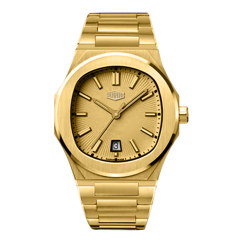 Gold watch with a brand logo on a white background