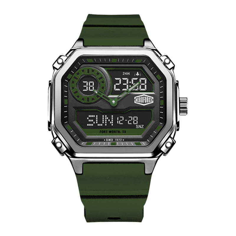 Rectangular wristwatch with metallic silver case, green strap, and dual analog-digital display.
