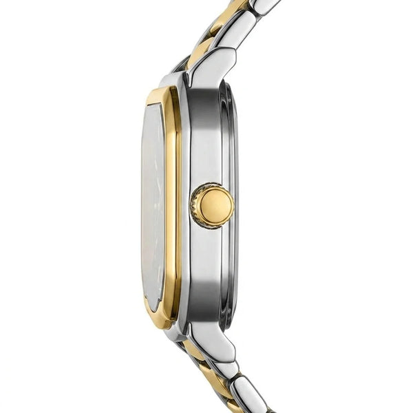 side profile, luxury watch, crisp metal, studio shot - Two tone stainless steel wristwatch with a green textured dial and date display.