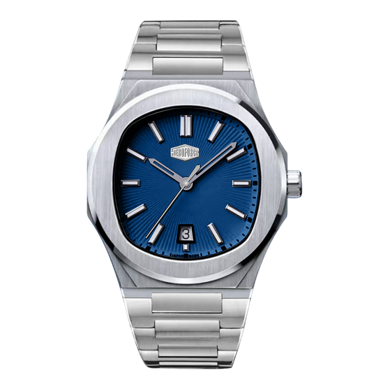Silver watch with a blue face on a white background