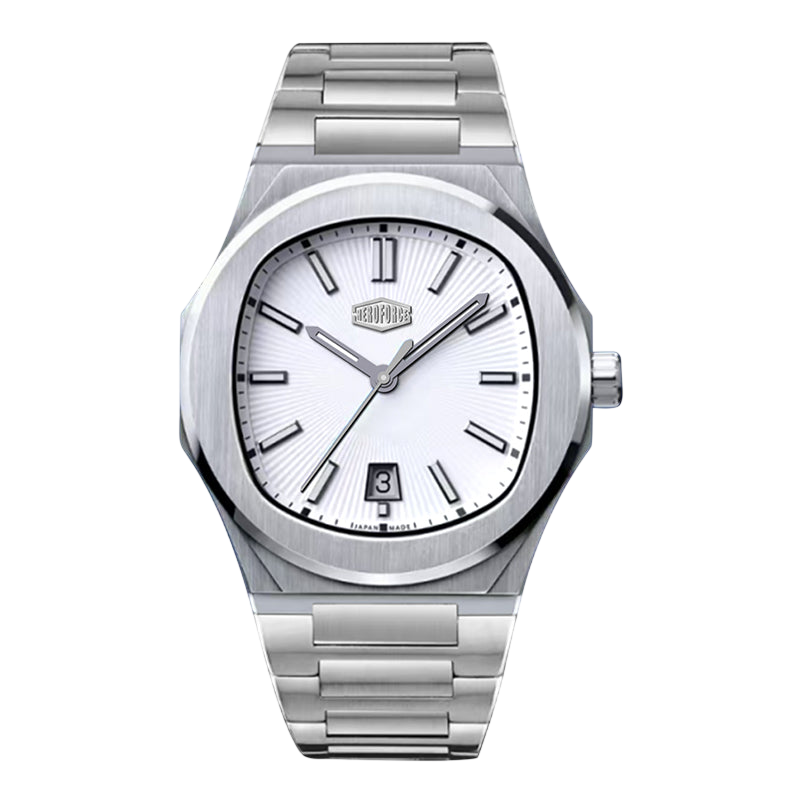 Silver watch with a white face on a white background