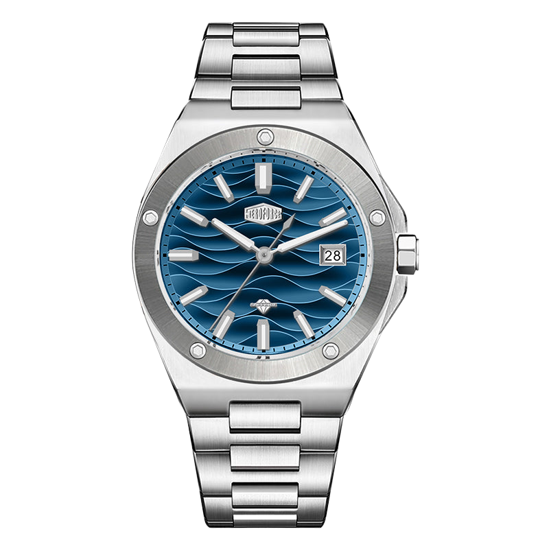 Stainless steel wristwatch with a blue wave patterned dial and date display.