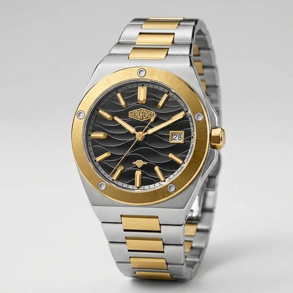 Two tone stainless steel wristwatch with a black wave patterned dial, gold bezel, and date display.