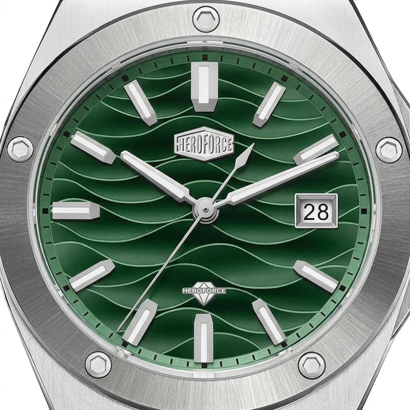 Upclose - Stainless steel wristwatch with a green wave patterned