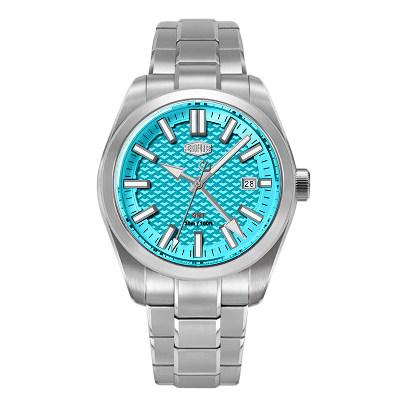 blue dial steel watch