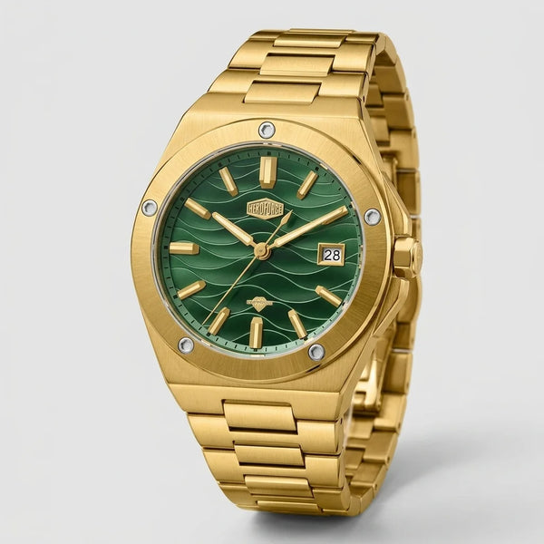 frontal luxury timepiece - Gold tone stainless steel wristwatch with a green wave patterned dial and date display.
