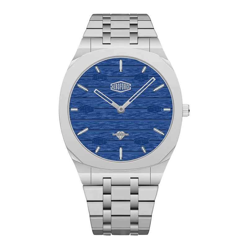 front blue wood dial watch