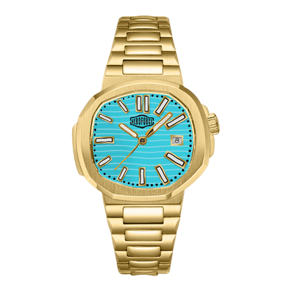 A Heroforce wristwatch with a gold-tone metal bracelet and case, featuring a vibrant turquoise blue dial with gold-tone indices and hands.