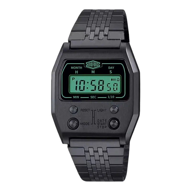 A black digital wristwatch with a matching black link strap, featuring a green LCD display and functional buttons on a clean white background.