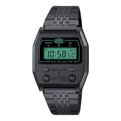 A black digital wristwatch with a matching black link strap, featuring a green LCD display and functional buttons on a clean white background.