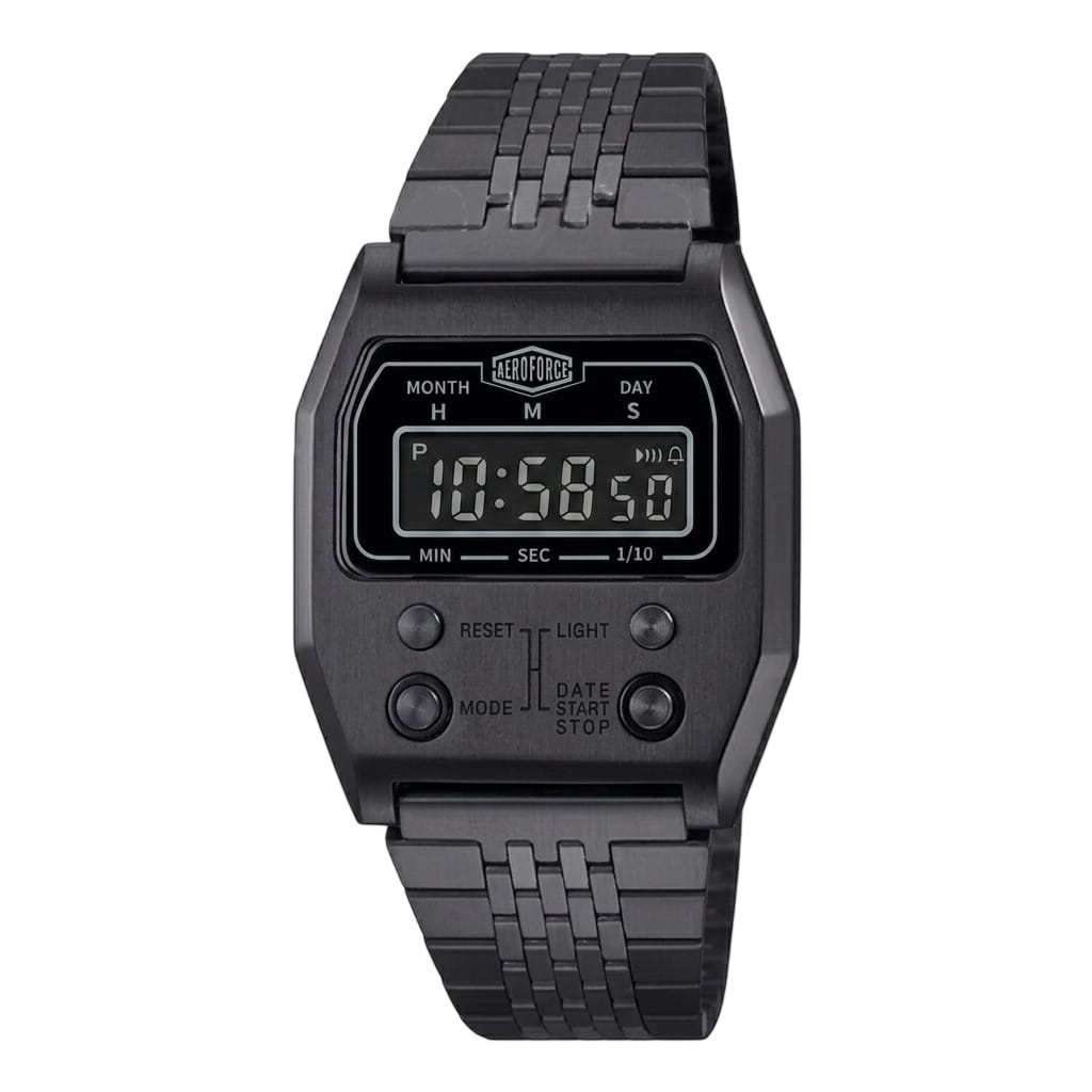 A black digital wristwatch with a rectangular face, black bezel, and matching black metal link band, shown against a plain white background.