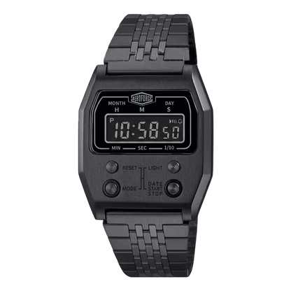 A black digital wristwatch with a rectangular face, black bezel, and matching black metal link band, shown against a plain white background.