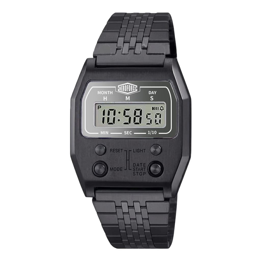 A black digital wristwatch with a textured metal link band, featuring a gray LCD display and black bezel on a white background.