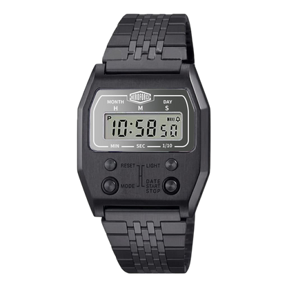 A black digital wristwatch with a textured metal link band, featuring a gray LCD display and black bezel on a white background.