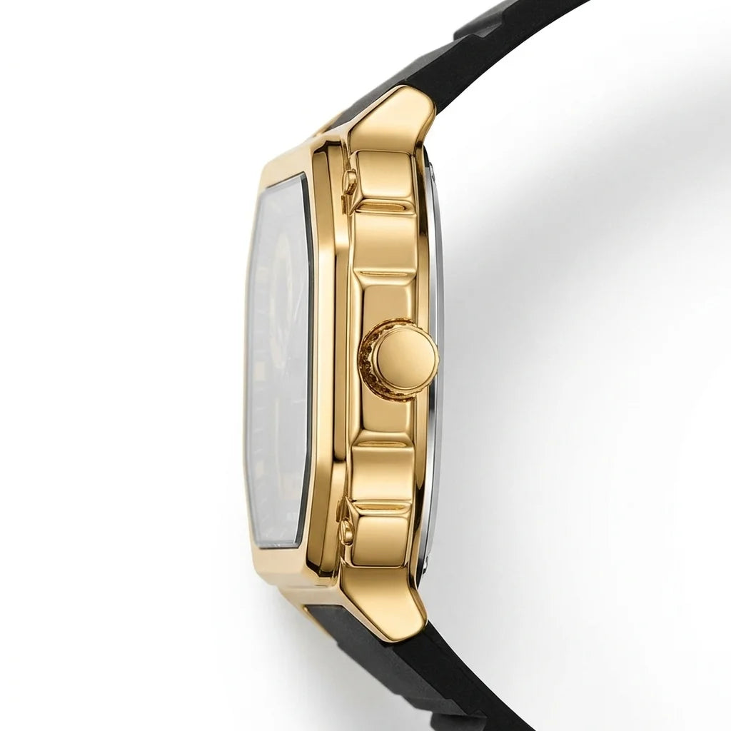 A close-up side profile of a luxury watch featuring a polished gold-tone case, a white dial, and a black strap, set against a clean white background.