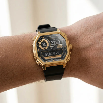 A gold-tone octagonal digital watch with a black strap and black face, worn on a person's wrist against a softly blurred light background.