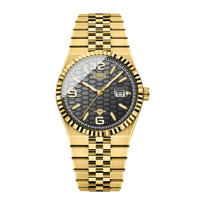 A gold-tone stainless steel watch with a textured black dial, fluted bezel, and matching gold-tone link bracelet, shown against a plain white background.