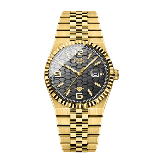 A gold-tone stainless steel watch with a textured black dial, fluted bezel, and matching gold-tone link bracelet, shown against a plain white background.
