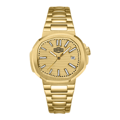 A gold-tone stainless steel wrist watch with a matching link bracelet, featuring a textured gold dial, gold-tone hour markers, and a date window at the 3 o'clock position.