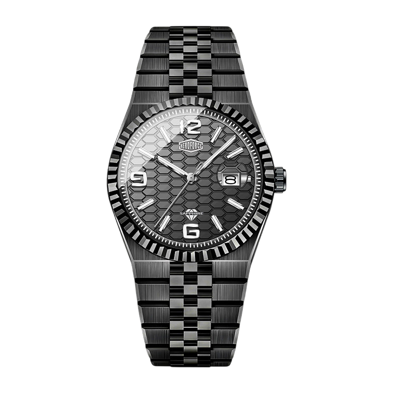 A men's analog watch featuring a black and gray checkered stainless steel bracelet, a matching fluted bezel, and a textured black dial with silver-tone indices.