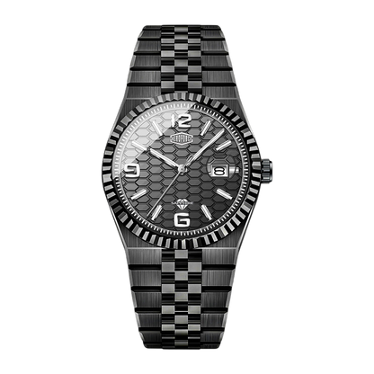 A men's analog watch featuring a black and gray checkered stainless steel bracelet, a matching fluted bezel, and a textured black dial with silver-tone indices.