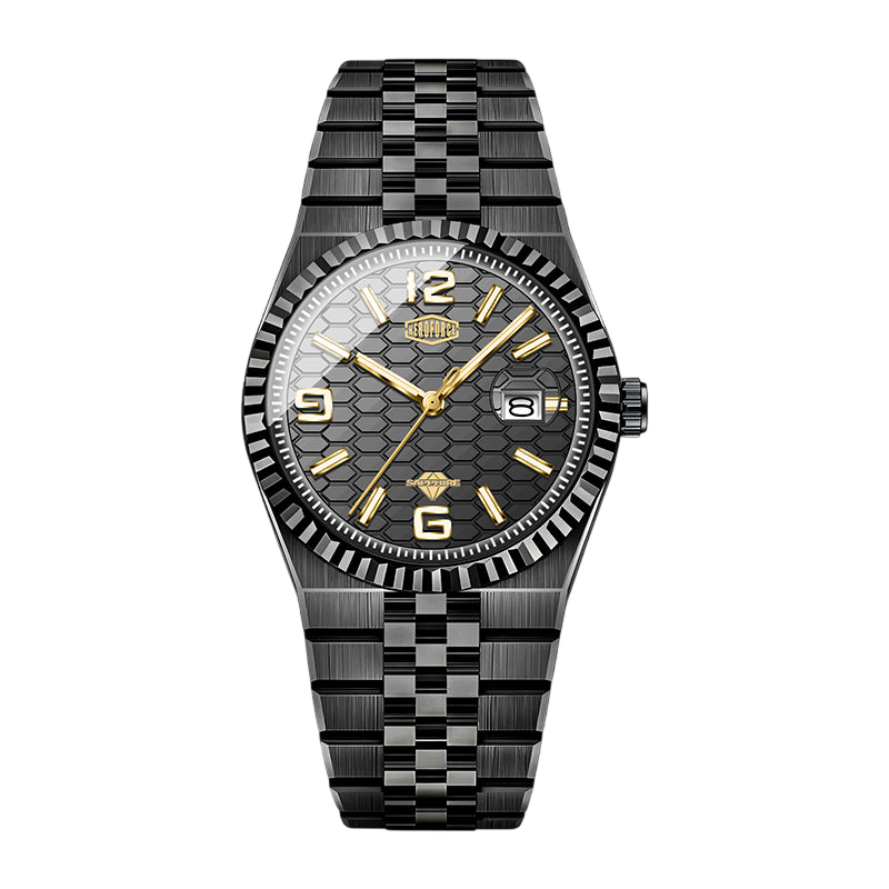 A men's analog watch with a black and gray checkered stainless steel link bracelet, a black honeycomb-patterned dial with gold-tone hands and markers, and a fluted bezel.