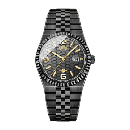 A men's analog watch with a black and gray checkered stainless steel link bracelet, a black honeycomb-patterned dial with gold-tone hands and markers, and a fluted bezel.