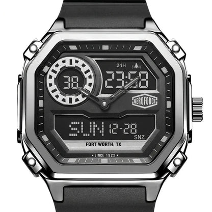A rugged analog-digital wristwatch with a black strap, silver-tone metal case, and a black face featuring white and gray digital displays and markings. The Aeroforge brand logo is visible on the watch face.