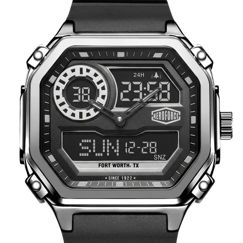 A rugged analog-digital wristwatch with a black strap, silver-tone metal case, and a black face featuring white and gray digital displays and markings. The Aeroforge brand logo is visible on the watch face.
