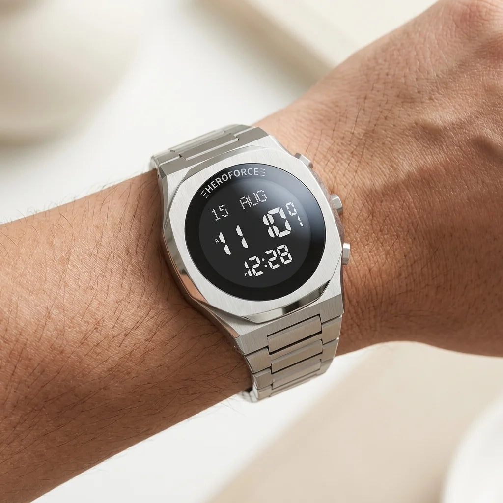 A silver stainless steel analog-digital wrist watch with a black round face, worn on a person's wrist against a soft, light beige background.