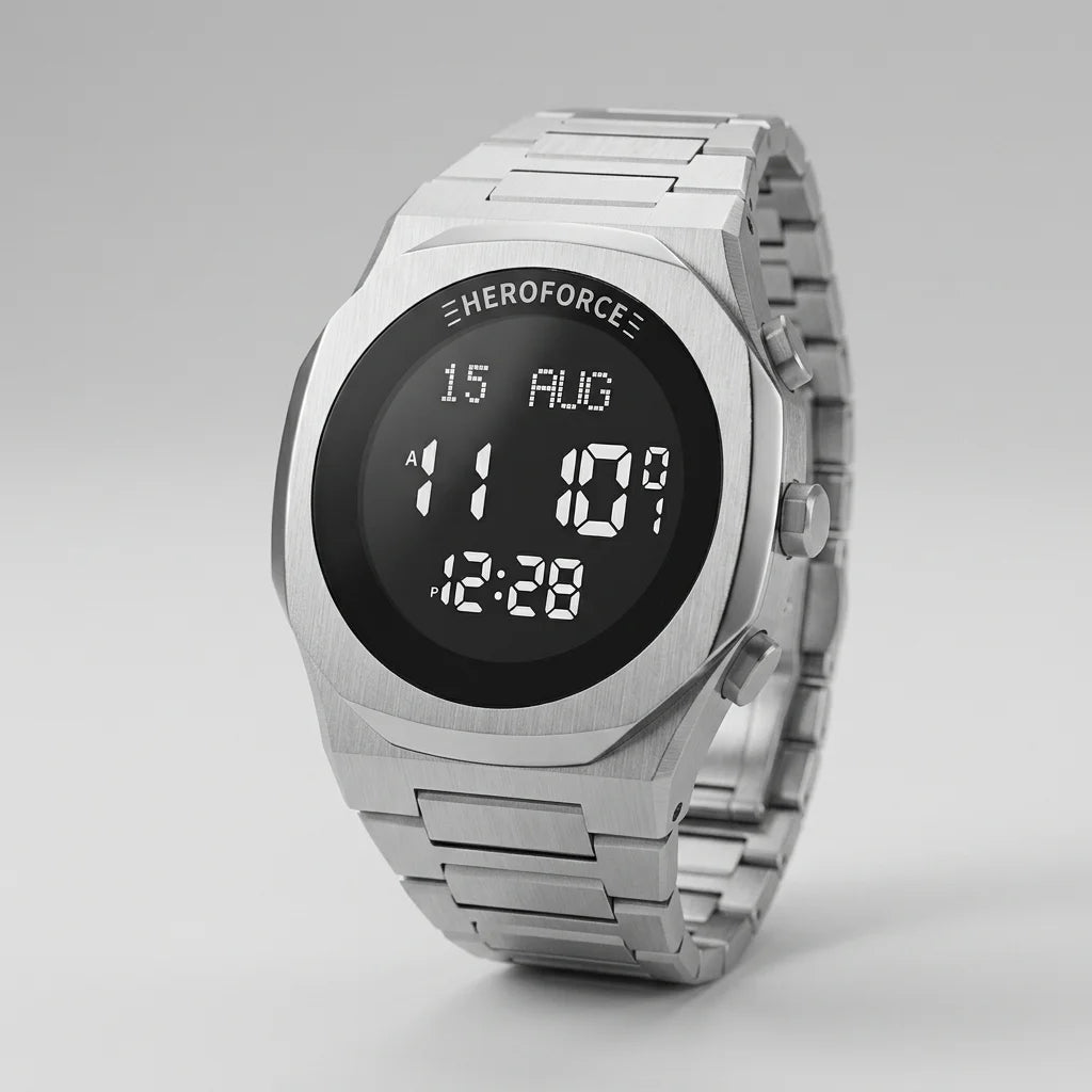 A silver stainless steel digital watch with a black face and white LED-style display, shown on a clean light gray background. The brand name 'HEROFORCE' is visible above the screen.