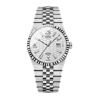 A silver stainless steel wristwatch with a textured honeycomb-patterned white dial, fluted bezel, and matching steel link bracelet, shown against a plain white background.
