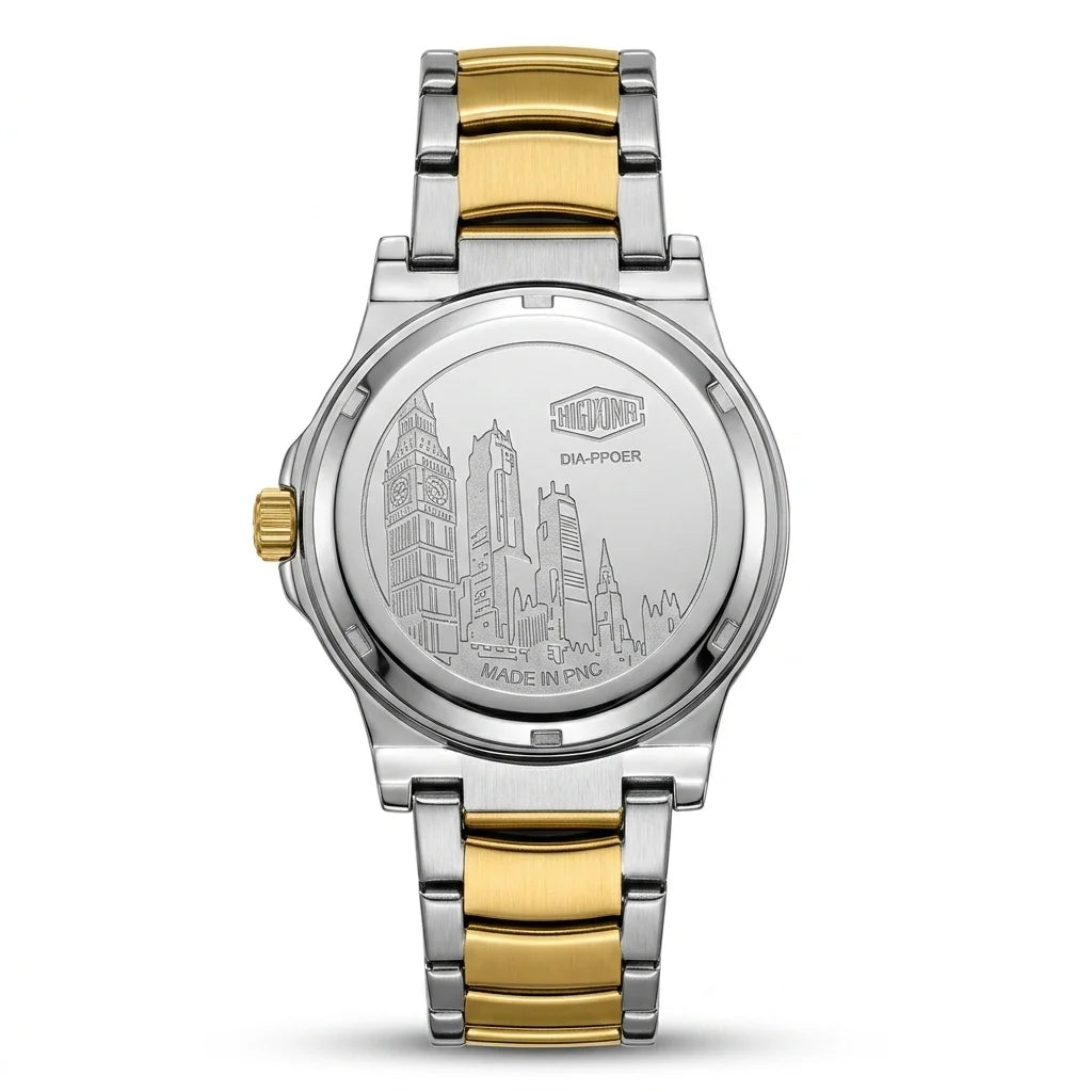 A two-tone stainless steel and gold watch shown from the back, featuring an engraved cityscape design on the polished silver case back and a matching two-tone metal link bracelet.