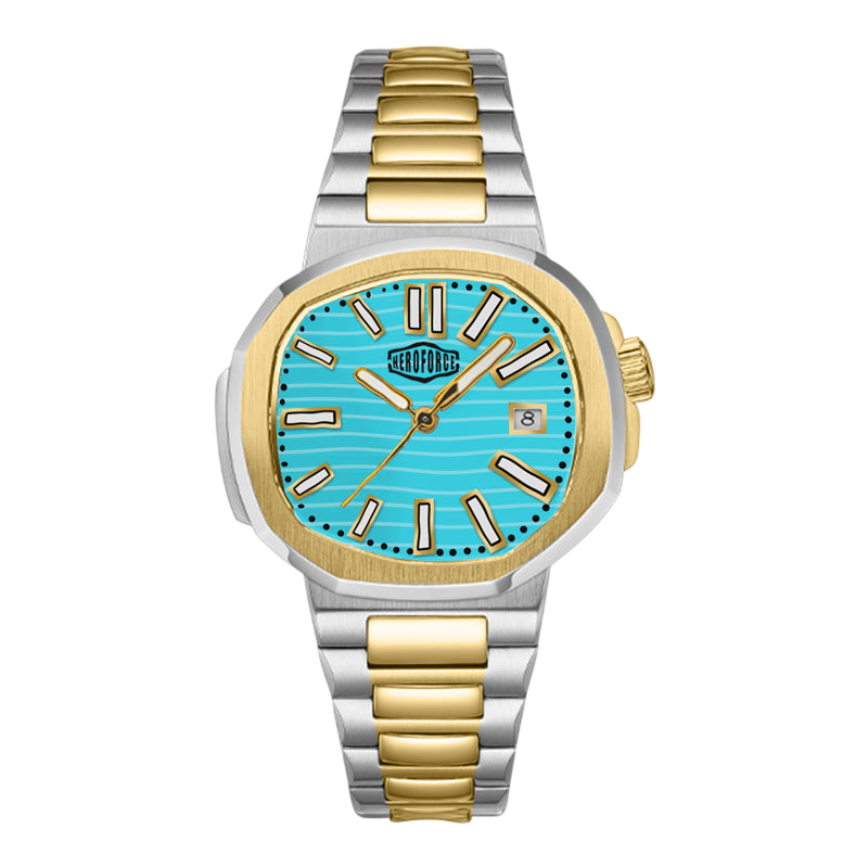 A two-tone stainless steel and gold watch with a vibrant turquoise blue dial, shown against a plain white background.