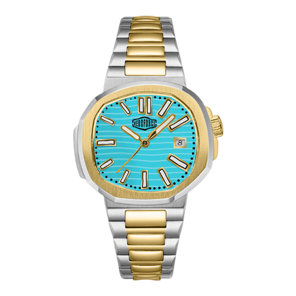 A two-tone stainless steel and gold watch with a vibrant turquoise blue dial, shown against a plain white background.