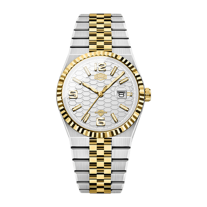 A two-tone stainless steel and gold wristwatch with a textured white dial, fluted bezel, and matching two-tone link bracelet, shown against a plain white background.