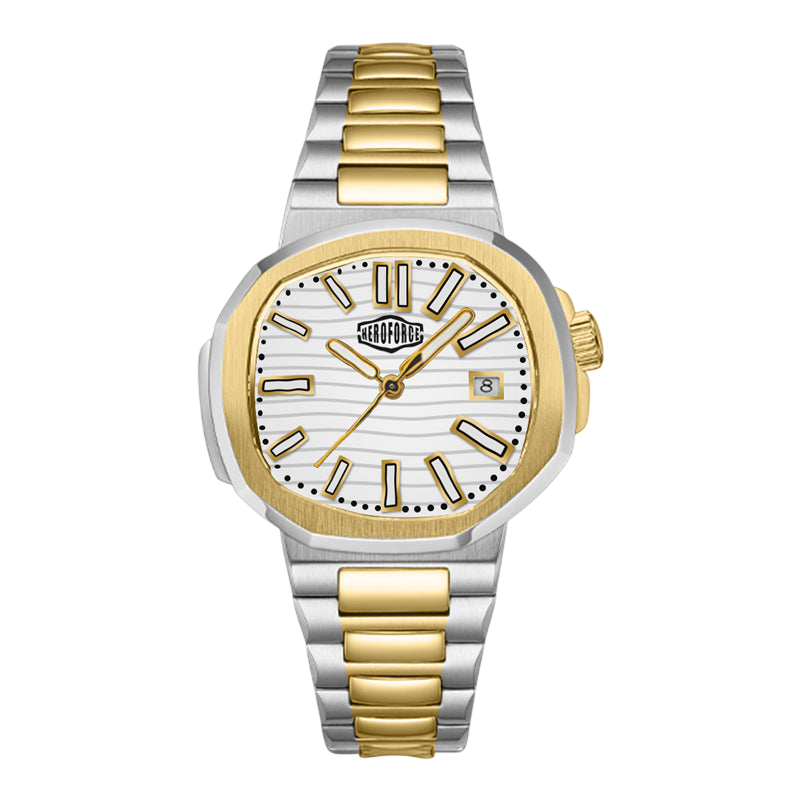 A two-tone stainless steel and gold wristwatch with a white dial, featuring a date window and the Magne-Tech logo on the watch face, set against a plain white background.
