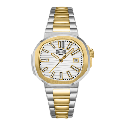 A two-tone stainless steel and gold wristwatch with a white dial, featuring a date window and the Magne-Tech logo on the watch face, set against a plain white background.