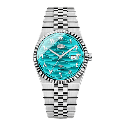 A  wristwatch with a silver stainless steel link bracelet, fluted bezel, and a vibrant turquoise dial with a wave pattern and Arabic numerals.