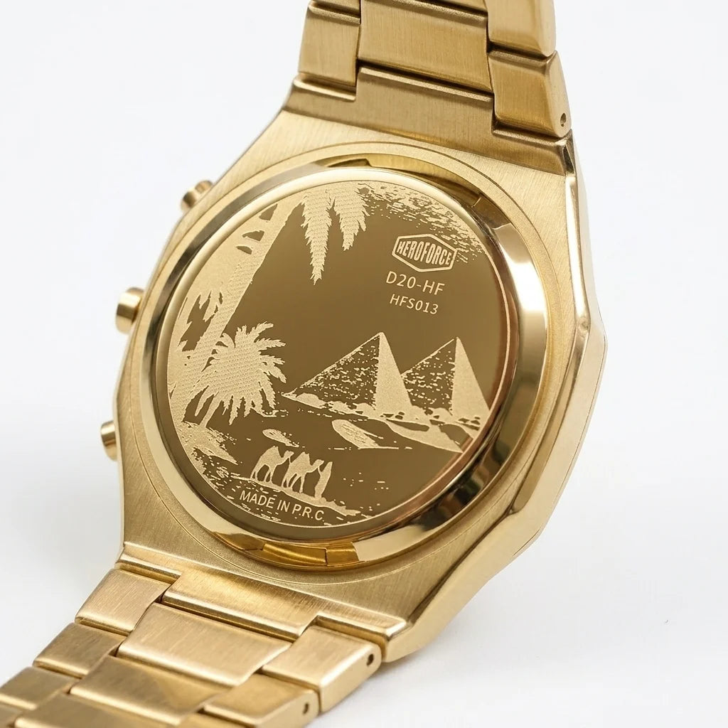 Back view - Gold digital wristwatch with metallic band, three side buttons, and display