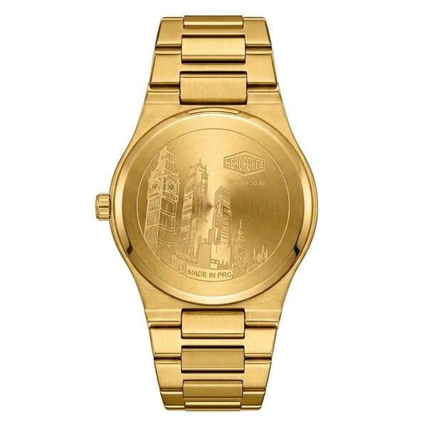 Back view - Gold tone stainless steel wristwatch with a green wave patterned dial and date display.
