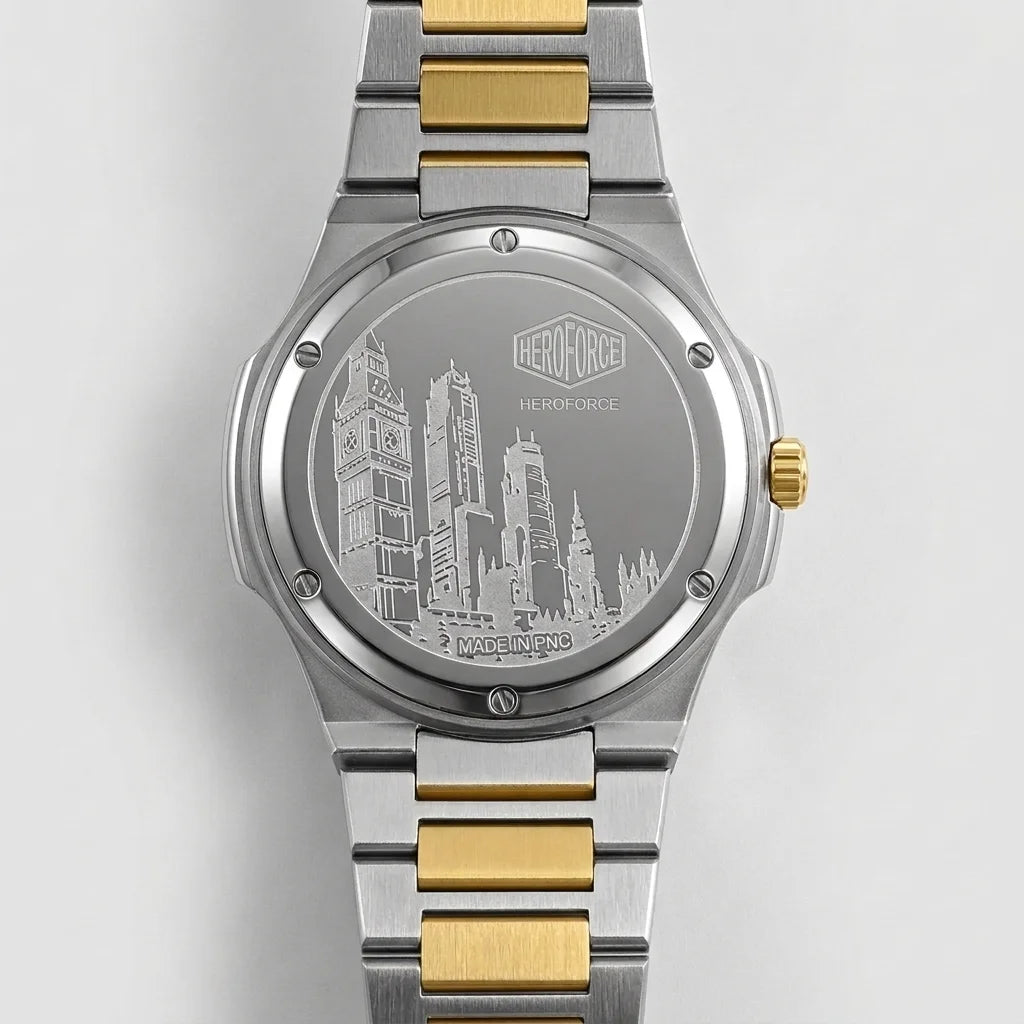 Back view - Silver and Gold Stainless Steel Watch with Black Dial and Small Seconds