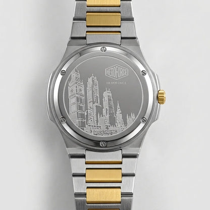 Back view - Silver and Gold Stainless Steel Watch with Black Dial and Small Seconds